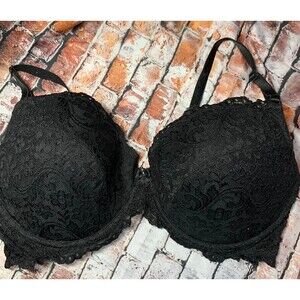 Smart & Sexy Brand 38D Black Lacey Push Up Bra Cool Strap Detail Padded EUC